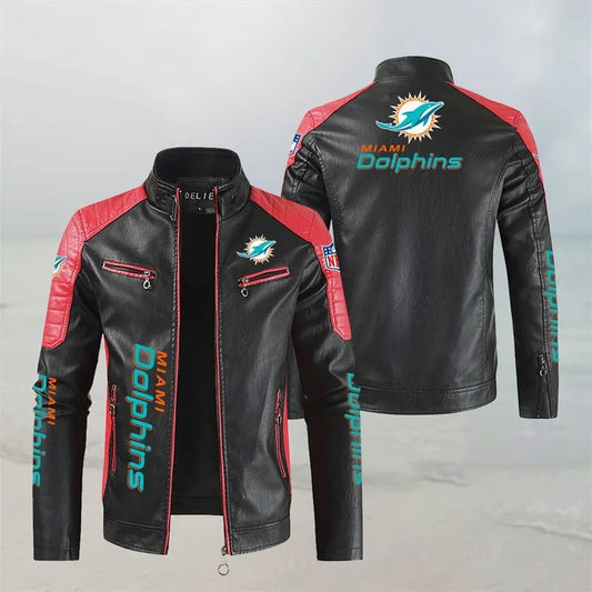 LIMITED EDITION - NEW CUSTOMIZED NFL19 MDP MIAMI DOLPHINS LEATHER BIKER JACKET