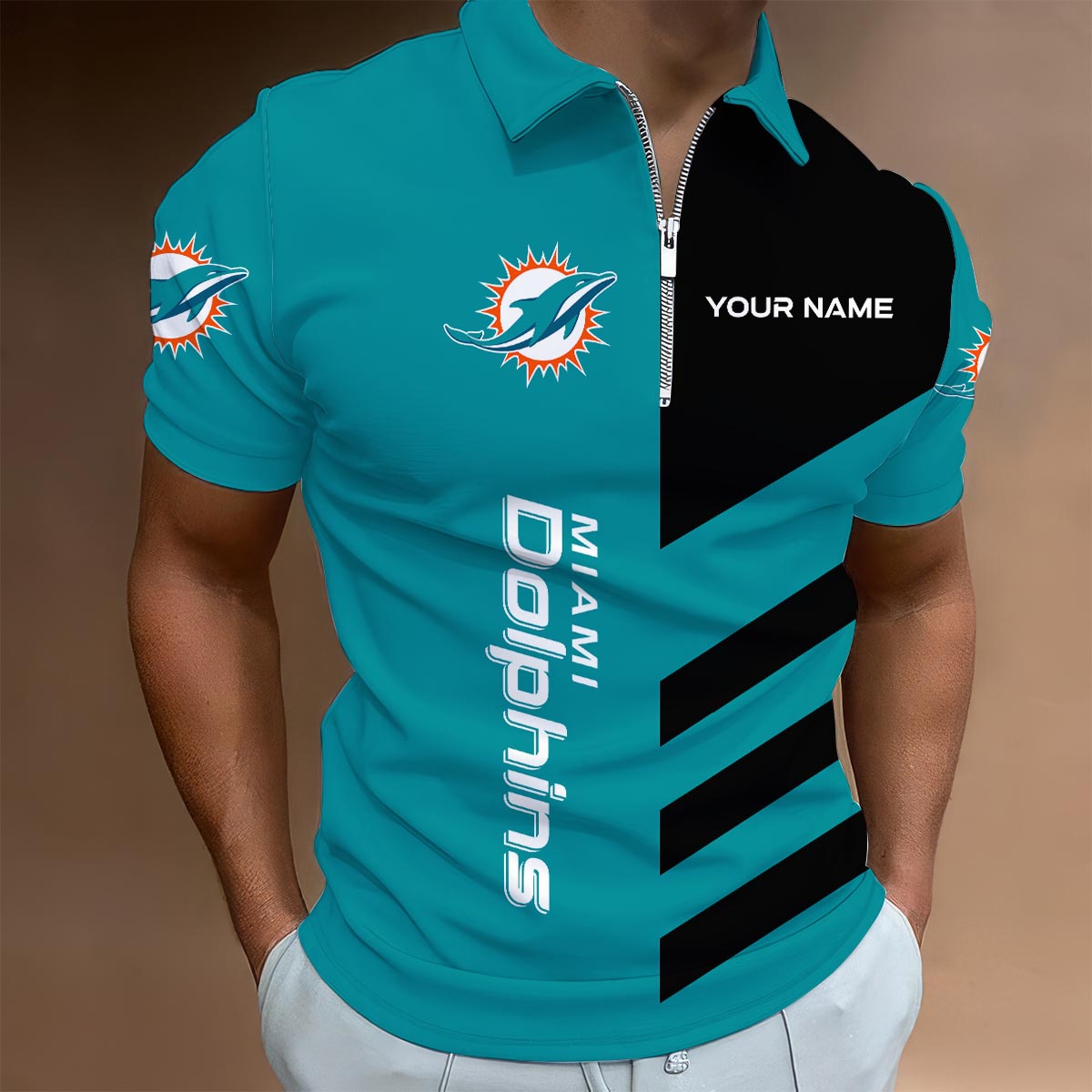 LIMITED EDITION - NEW CUSTOMIZED NFL19 MDP MIAMI DOLPHINS ZIP POLO SHIRT