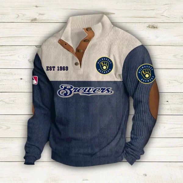 [FLASH SALE] NEW CUSTOMIZED MLB15 MBS MILWAUKEE BREWERS BUTTON SWEATSHIRTS STAND COLLAR