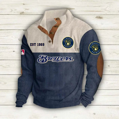 [FLASH SALE] NEW CUSTOMIZED MLB15 MBS MILWAUKEE BREWERS BUTTON SWEATSHIRTS STAND COLLAR