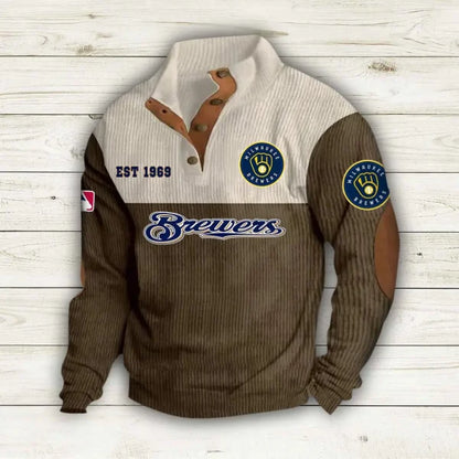 [FLASH SALE] NEW CUSTOMIZED MLB15 MBS MILWAUKEE BREWERS BUTTON SWEATSHIRTS STAND COLLAR