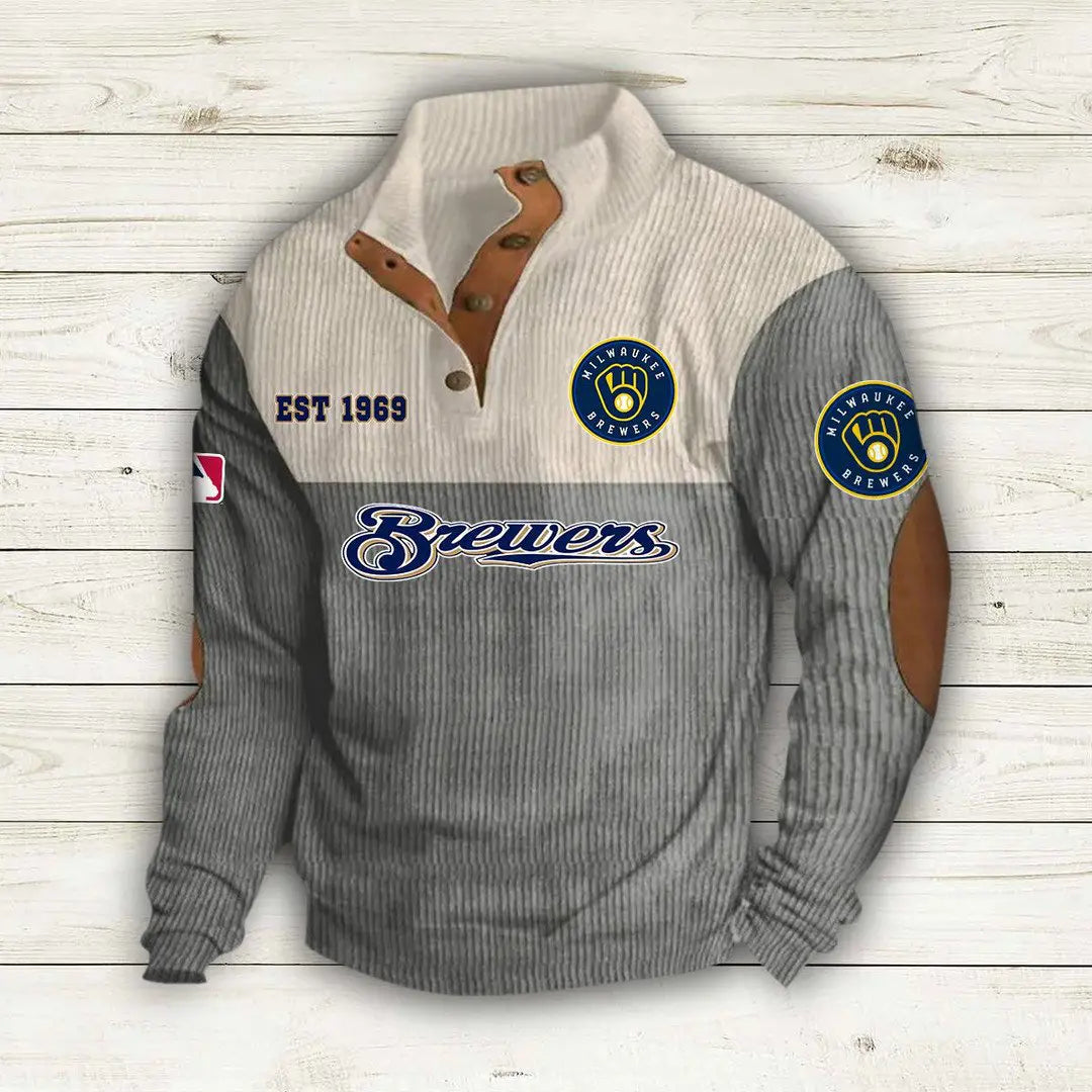 [FLASH SALE] NEW CUSTOMIZED MLB15 MBS MILWAUKEE BREWERS BUTTON SWEATSHIRTS STAND COLLAR