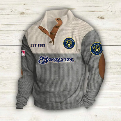 [FLASH SALE] NEW CUSTOMIZED MLB15 MBS MILWAUKEE BREWERS BUTTON SWEATSHIRTS STAND COLLAR