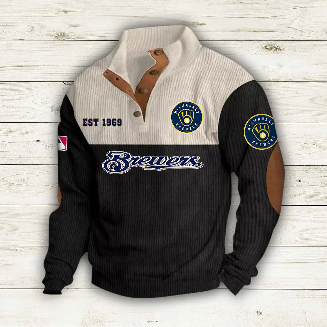 [FLASH SALE] NEW CUSTOMIZED MLB15 MBS MILWAUKEE BREWERS BUTTON SWEATSHIRTS STAND COLLAR
