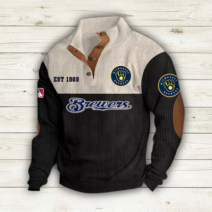 [FLASH SALE] NEW CUSTOMIZED MLB15 MBS MILWAUKEE BREWERS BUTTON SWEATSHIRTS STAND COLLAR