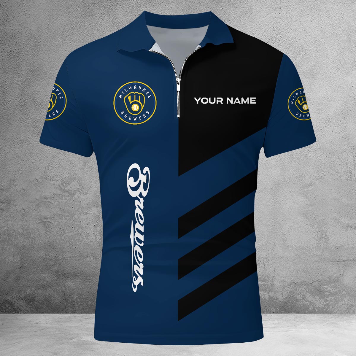 LIMITED EDITION - NEW CUSTOMIZED MLB15 MBS MILWAUKEE BREWERS ZIP POLO SHIRT