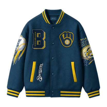 LIMITED EDITION - NEW CUSTOMIZED MLB15 MW BREWERS SATIN VARSITY & BASEBALL JACKET