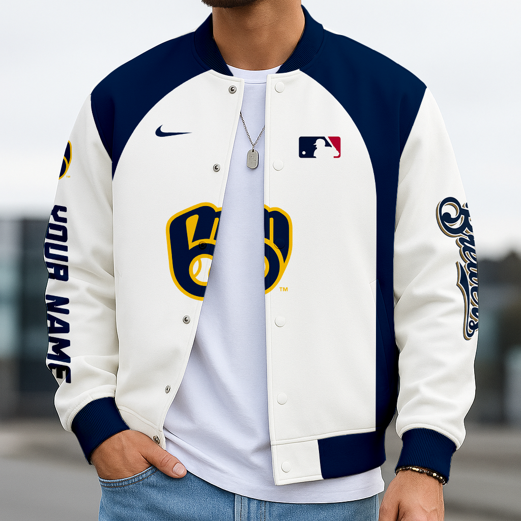LIMITED EDITION - NEW CUSTOMIZED MLB15 MBS MILWAUKEE BREWERS BASEBALL JACKET, SATIN VARSITY JACKET