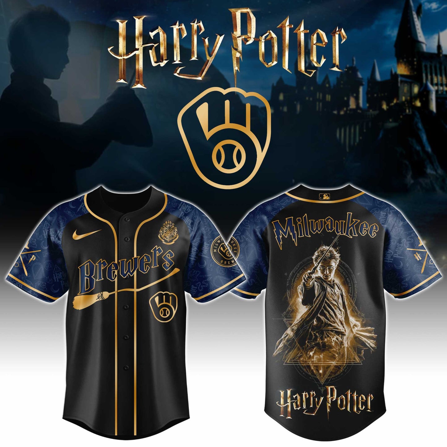 LIMITED EDITION - NEW CUSTOMIZED MLB15 MBS MILWAUKEE BREWERS x HARRY POTTER BASEBALL JERSEY & CAP