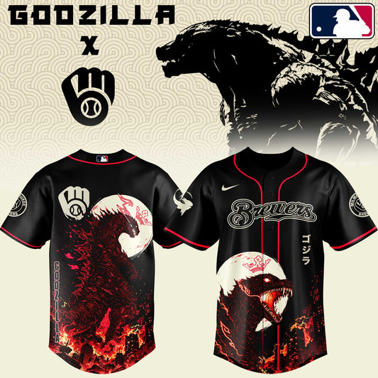 LIMITED EDITION - NEW CUSTOMIZED MLB15 MBS MILWAUKEE BREWERS x GODZILLA BASEBALL JERSEY & CAP