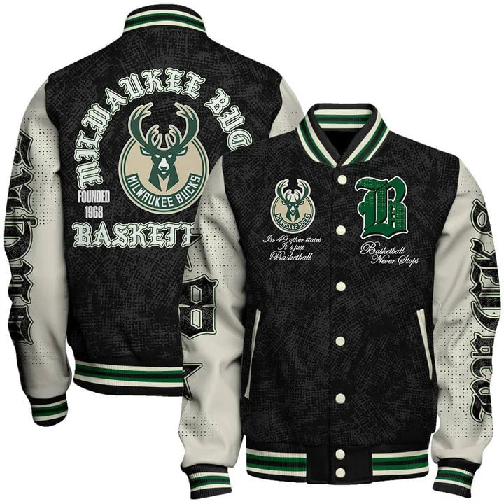 LIMITED EDITION - NEW CUSTOMIZED NBA11 MBU MILWAUKEE BUCKS BASEBALL JACKET, SATIN VARSITY JACKET
