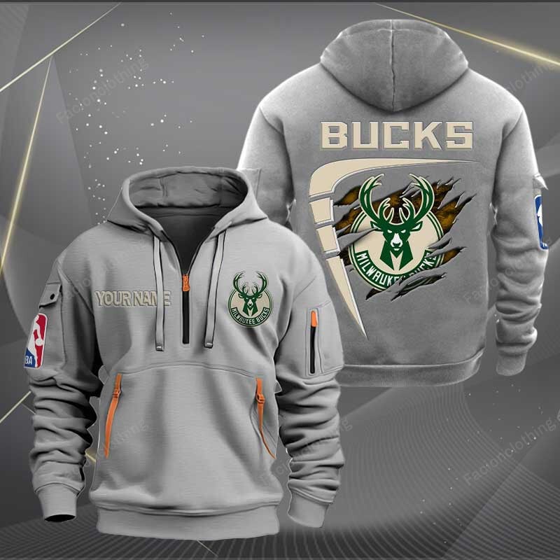 [HOT DEAL] NEW CUSTOMIZED NBA11 MB MILWAUKEE BUCKS QUARTER ZIP HOODIE