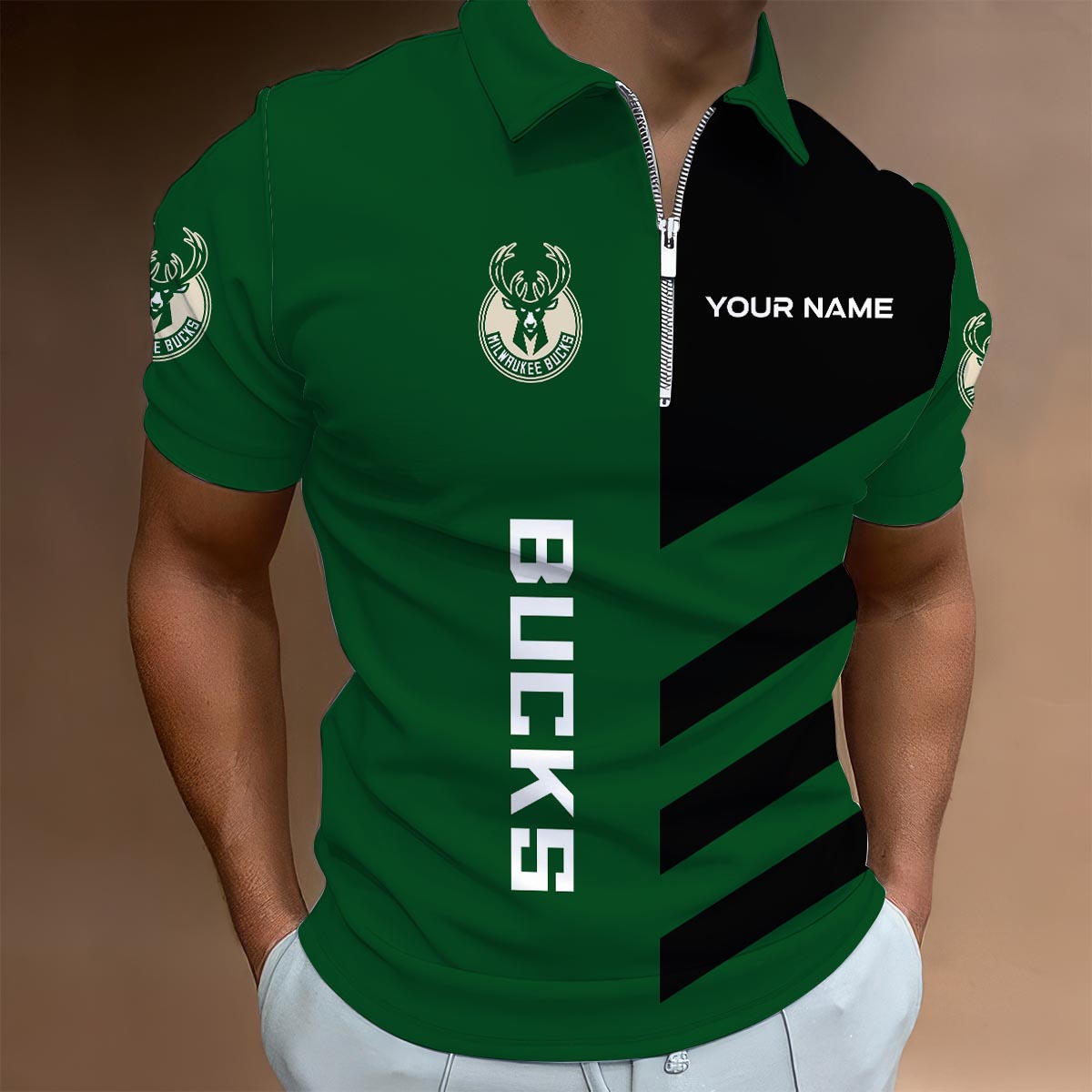 LIMITED EDITION - NEW CUSTOMIZED NBA11 MB MILWAUKEE BUCKS ZIP POLO SHIRT