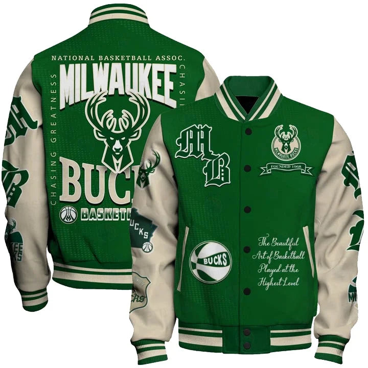 LIMITED EDITION - NEW CUSTOMIZED NBA11 MBU MILWAUKEE BUCKS BASEBALL JACKET, SATIN VARSITY JACKET