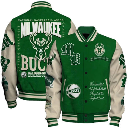 LIMITED EDITION - NEW CUSTOMIZED NBA11 MBU MILWAUKEE BUCKS BASEBALL JACKET, SATIN VARSITY JACKET