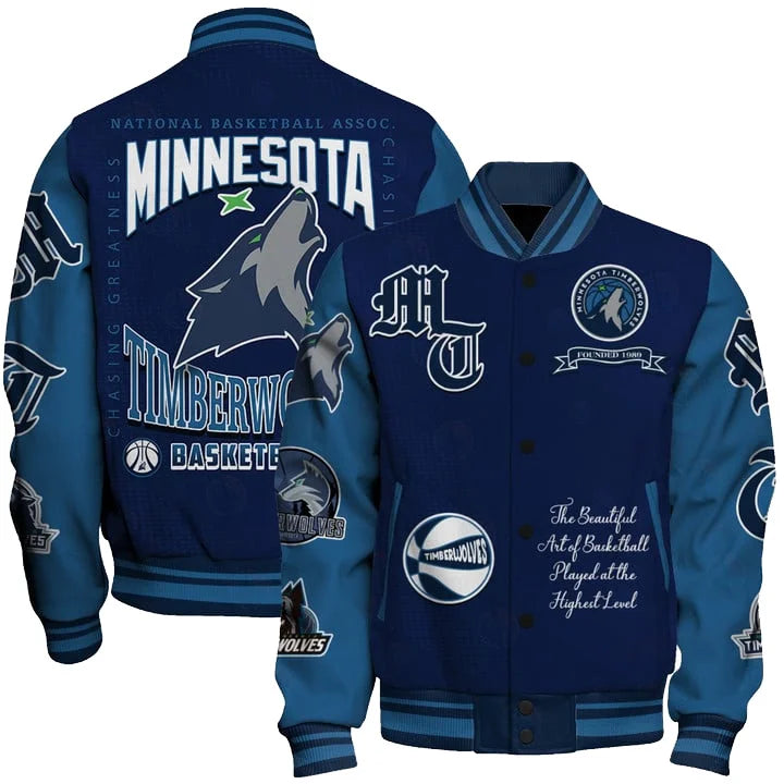 LIMITED EDITION - NEW CUSTOMIZED NBA05 MTW MINNESOTA TIMBERWOLVES BASEBALL JACKET, SATIN VARSITY JACKET