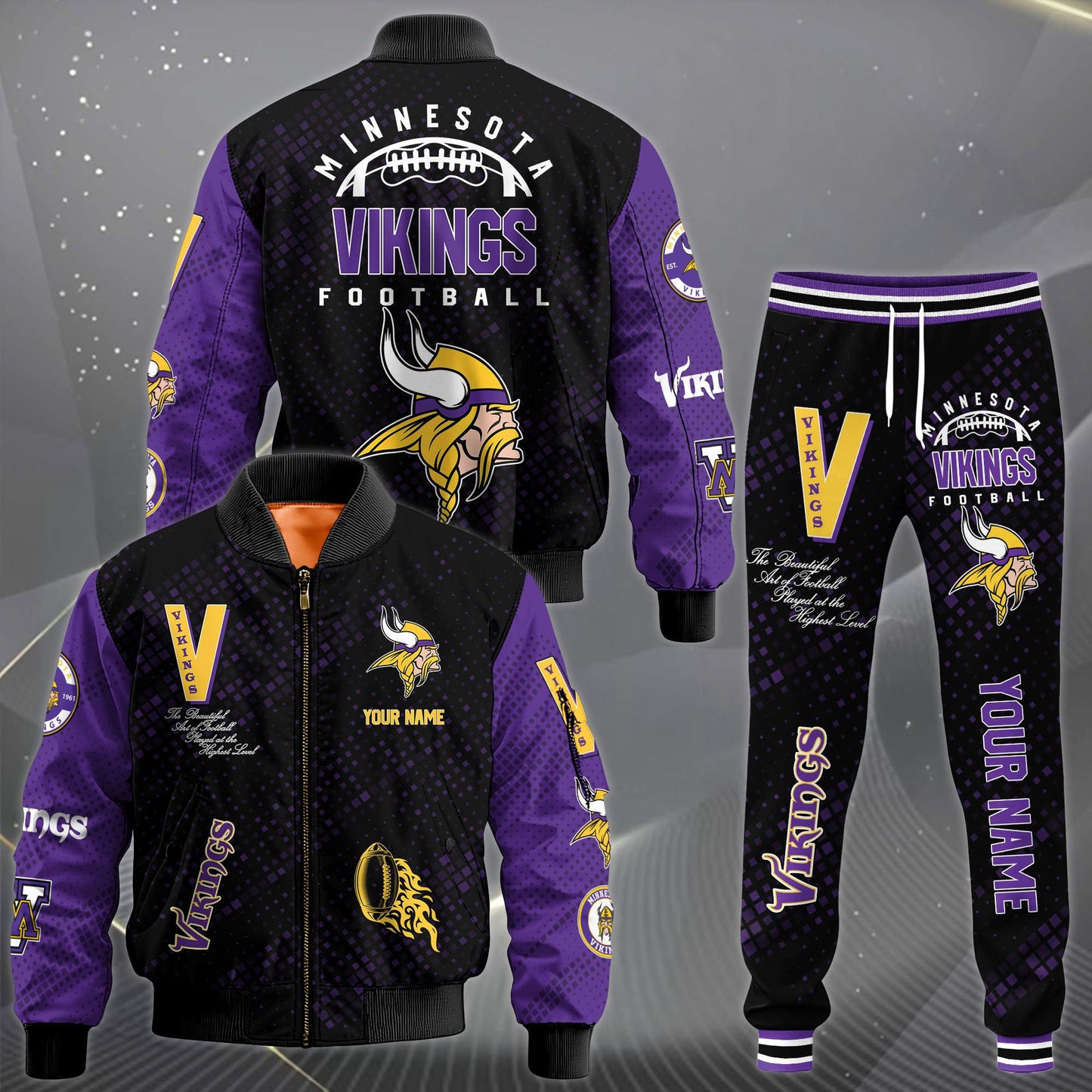 LIMITED EDITION - NEW CUSTOMIZED NFL05 MVK MINNESOTA VIKINGS SATIN VARSITY JACKET & LONG PANTS