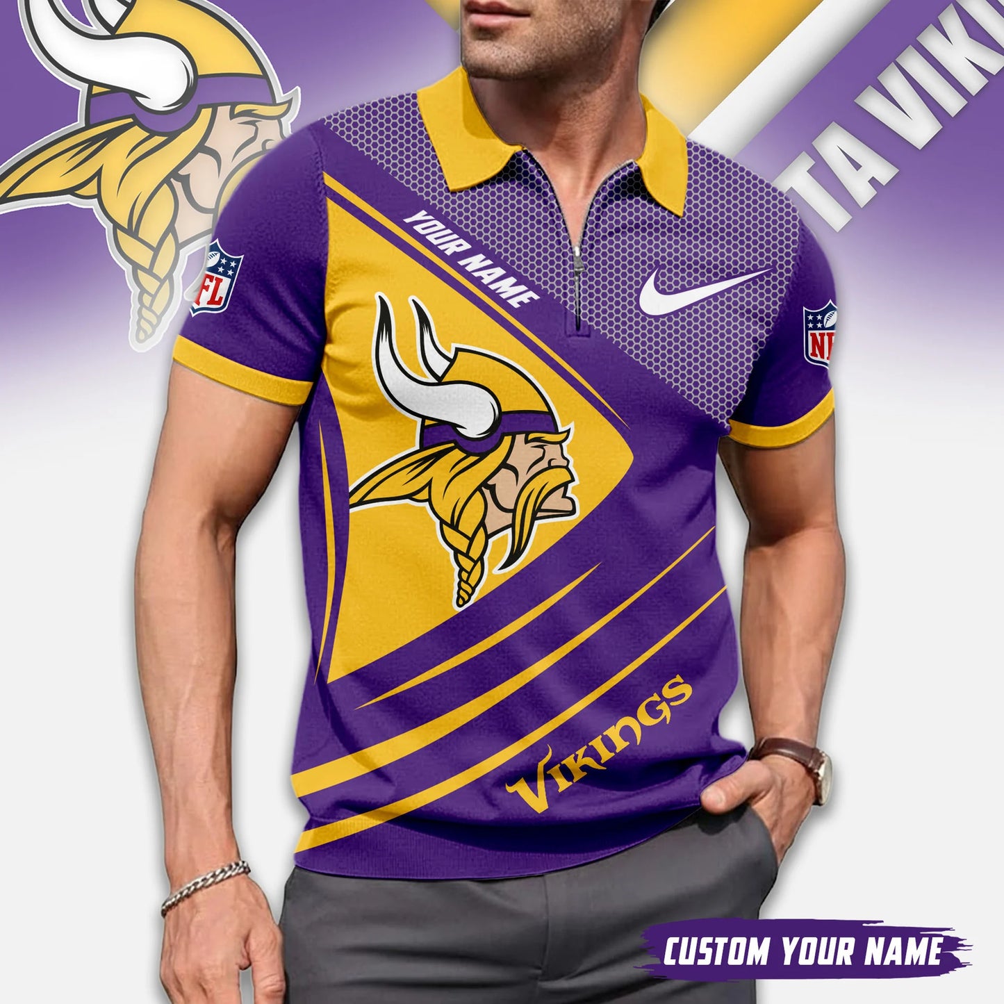 LIMITED EDITION - NEW CUSTOMIZED NFL05 MVK MINNESOTA VIKINGS ZIP POLO SHIRT