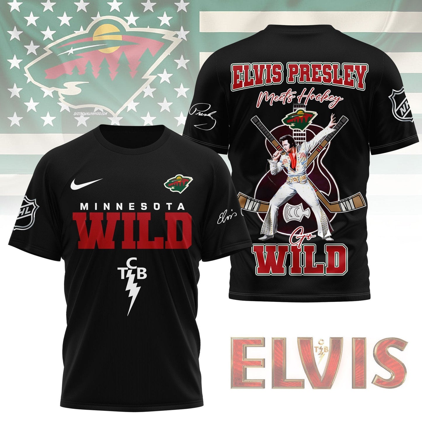 LIMITED EDITION - NEW CUSTOMIZED NHL13 MNW MINNESOTA WILD X ELVIS PRESLEY FAN 3D SHIRT