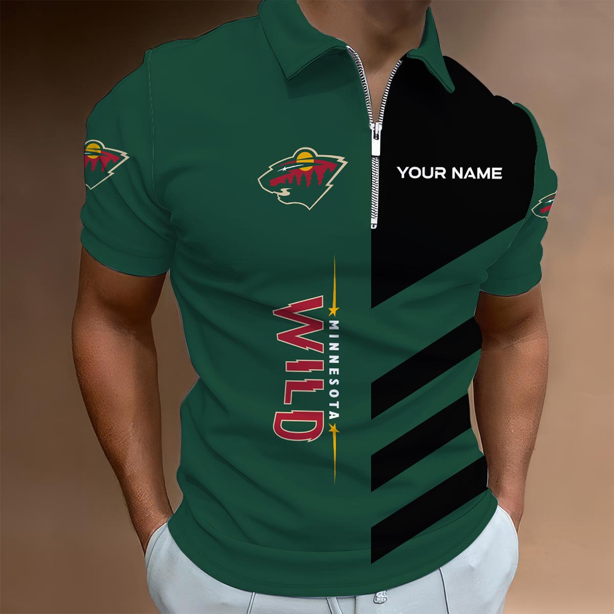 LIMITED EDITION - NEW CUSTOMIZED NHL13 MNW MINNESOTA WILD ZIP POLO SHIRT