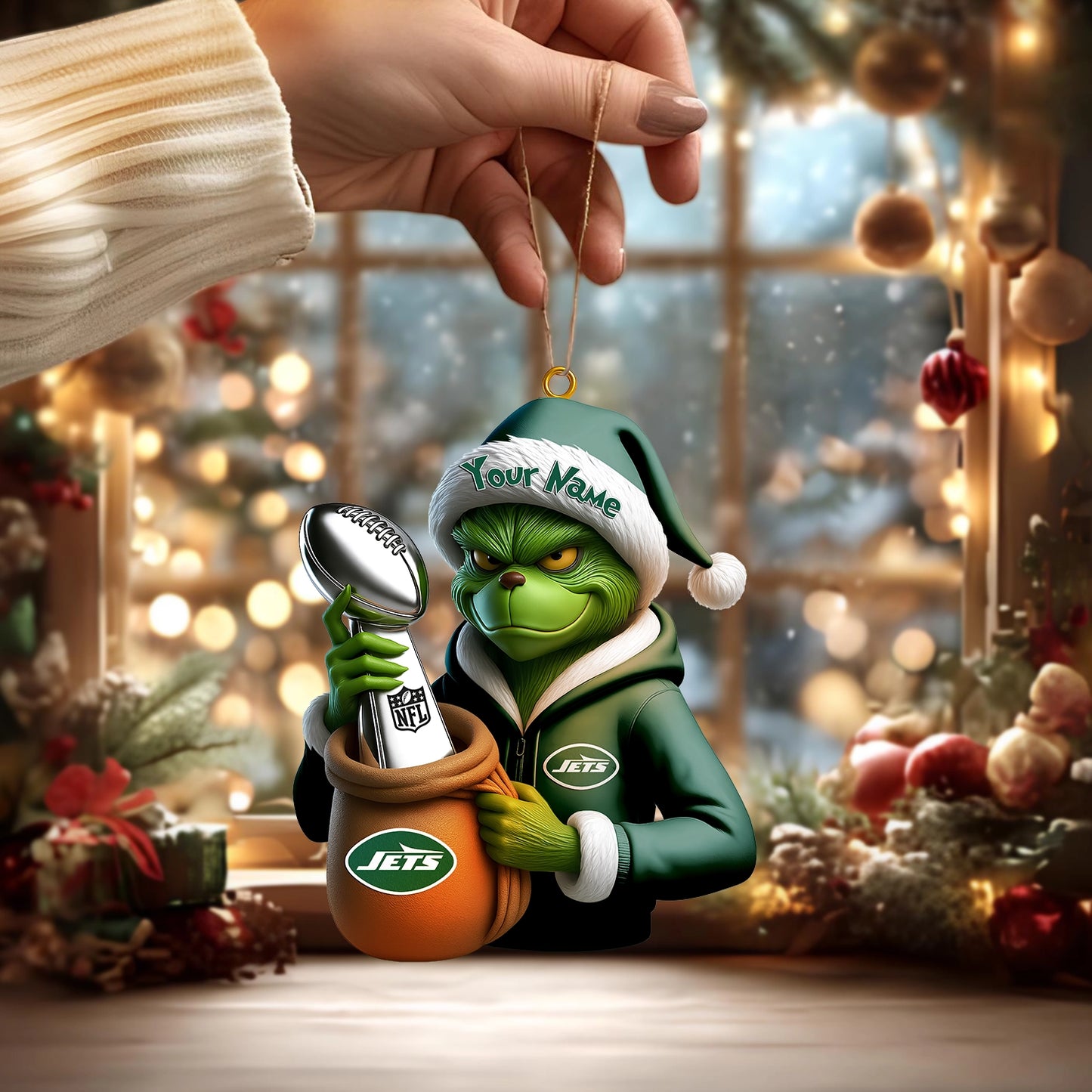 LIMITED EDITION - NEW CUSTOMIZED NFL25 NYJ NEW YORK JETS THE GRINCH ACRYLIC ORNAMENT