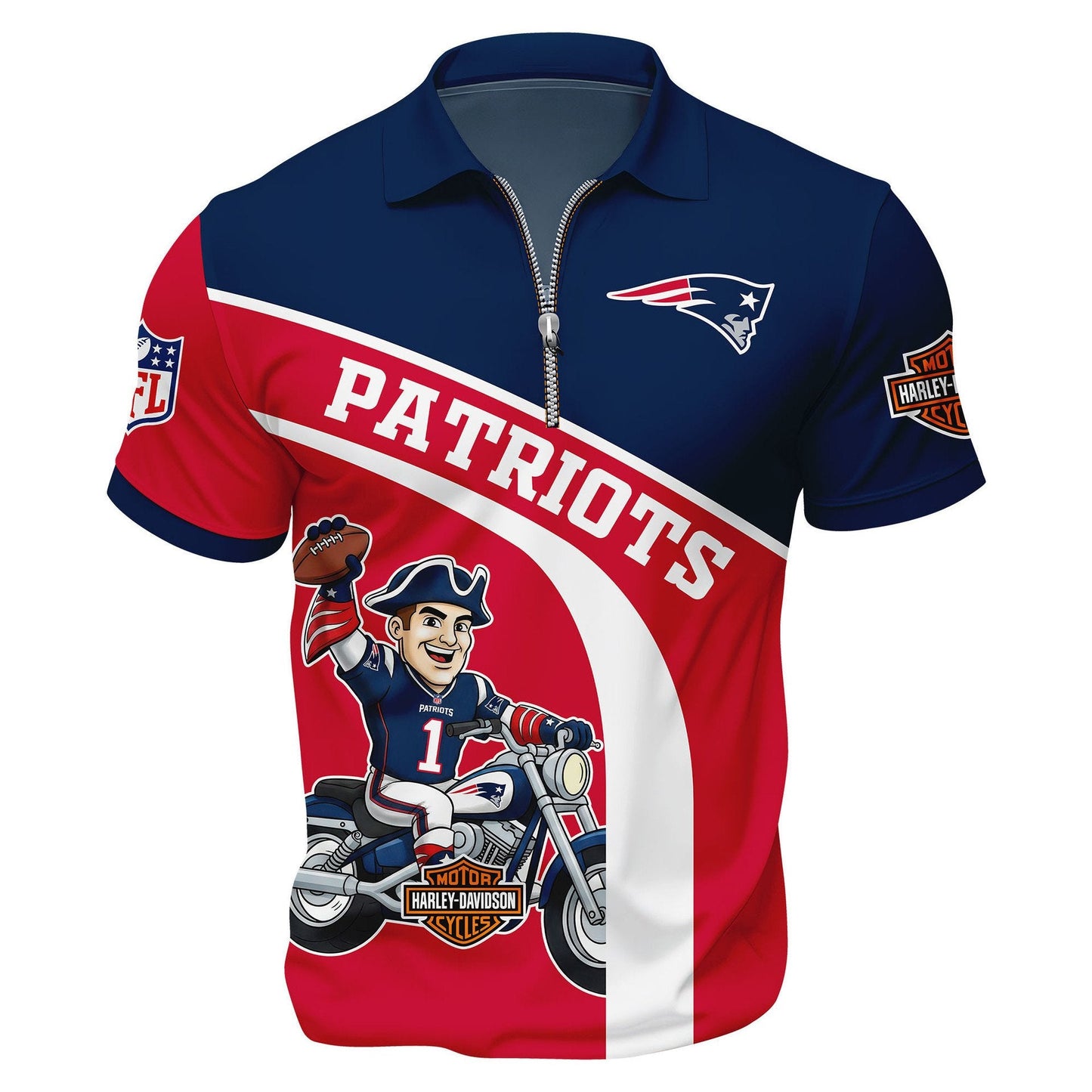LIMITED EDITION - NEW CUSTOMIZED NFL27 NEP NEW ENGLAND PATRIOTS HARLEY-DAVIDSON POLO WITH ZIPPER SHIRT