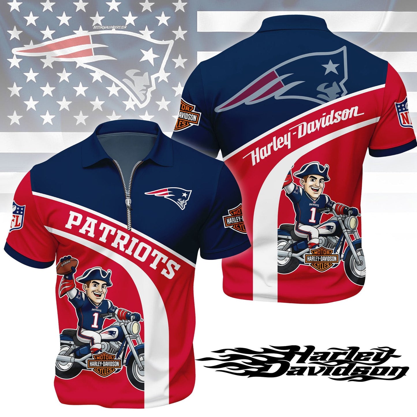 LIMITED EDITION - NEW CUSTOMIZED NFL27 NEP NEW ENGLAND PATRIOTS HARLEY-DAVIDSON POLO WITH ZIPPER SHIRT