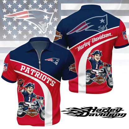 LIMITED EDITION - NEW CUSTOMIZED NFL27 NEP NEW ENGLAND PATRIOTS HARLEY-DAVIDSON POLO WITH ZIPPER SHIRT