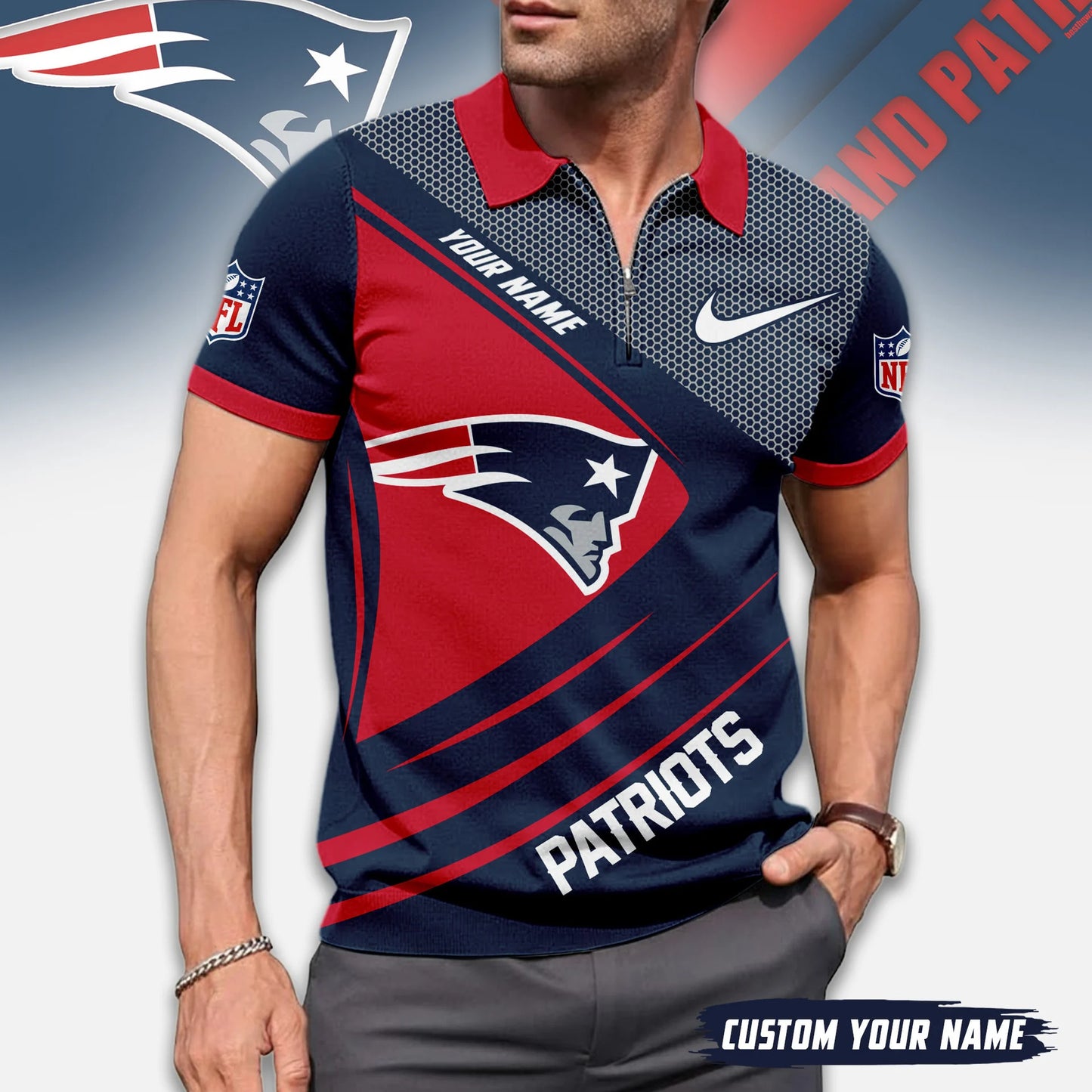 LIMITED EDITION - NEW CUSTOMIZED NFL27 NEP NEW ENGLAND PATRIOTS ZIP POLO SHIRT
