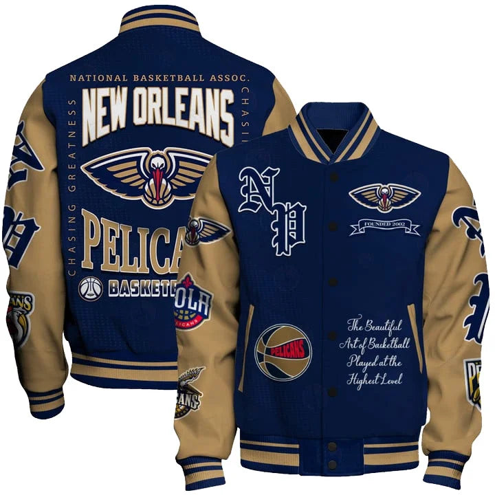 LIMITED EDITION - NEW CUSTOMIZED NBA30 NOP NEW ORLEANS PELICANS BASEBALL JACKET, SATIN VARSITY JACKET