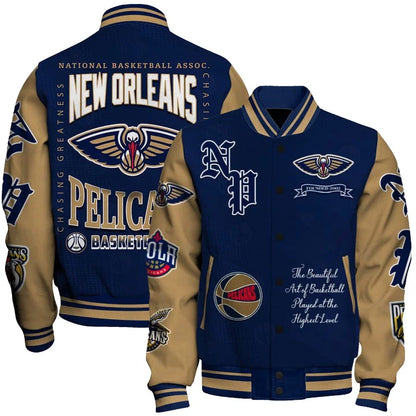 LIMITED EDITION - NEW CUSTOMIZED NBA30 NOP NEW ORLEANS PELICANS BASEBALL JACKET, SATIN VARSITY JACKET