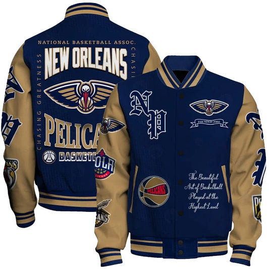 LIMITED EDITION - NEW CUSTOMIZED NBA30 NOP NEW ORLEANS PELICANS BASEBALL JACKET, SATIN VARSITY JACKET