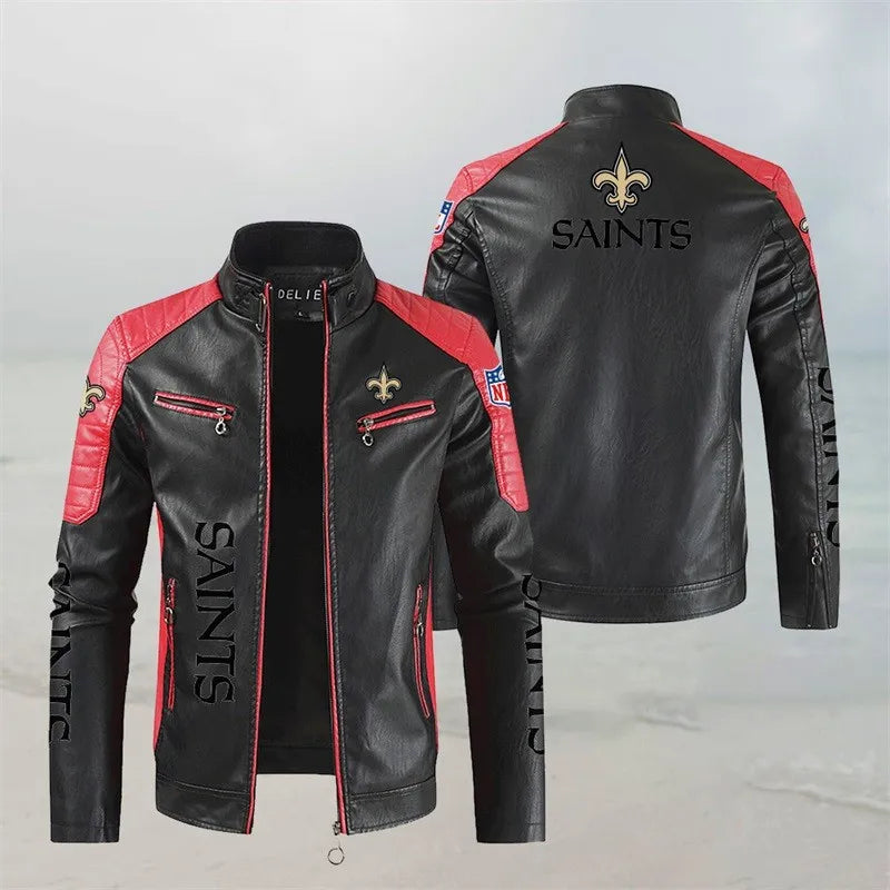 LIMITED EDITION - NEW CUSTOMIZED NFL24 NOS NEW ORLEANS SAINTS LEATHER BIKER JACKET