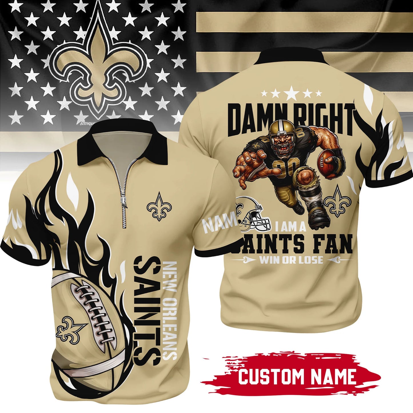 LIMITED EDITION - NEW CUSTOMIZED NFL24 NOS NEW ORLEANS SAINTS ZIP POLO SHIRT