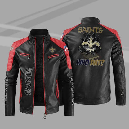LIMITED EDITION - NEW CUSTOMIZED NFL24 NOS NEW ORLEANS SAINTS LEATHER BIKER JACKET