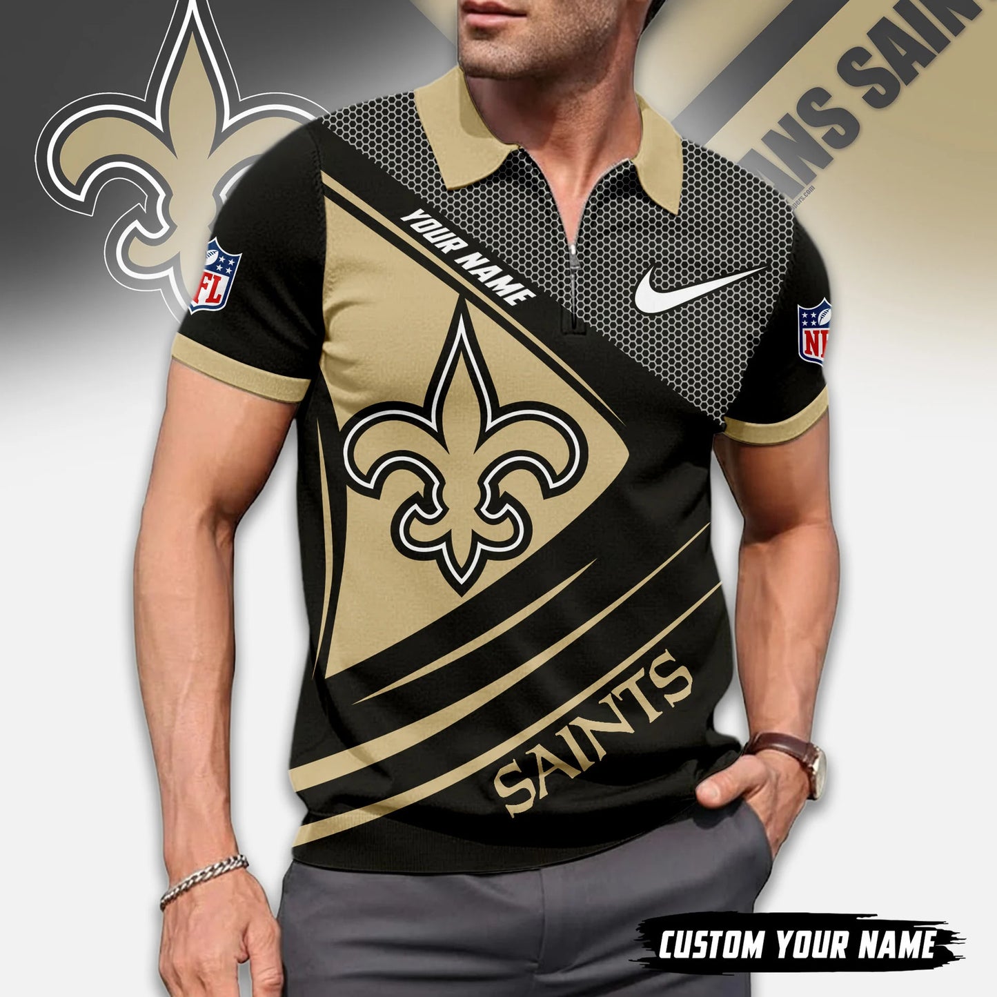 LIMITED EDITION - NEW CUSTOMIZED NFL24 NOS NEW ORLEANS SAINTS ZIP POLO SHIRT