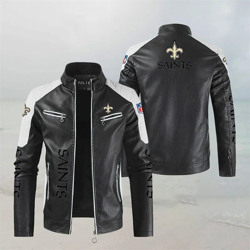 LIMITED EDITION - NEW CUSTOMIZED NFL24 NOS NEW ORLEANS SAINTS LEATHER BIKER JACKET