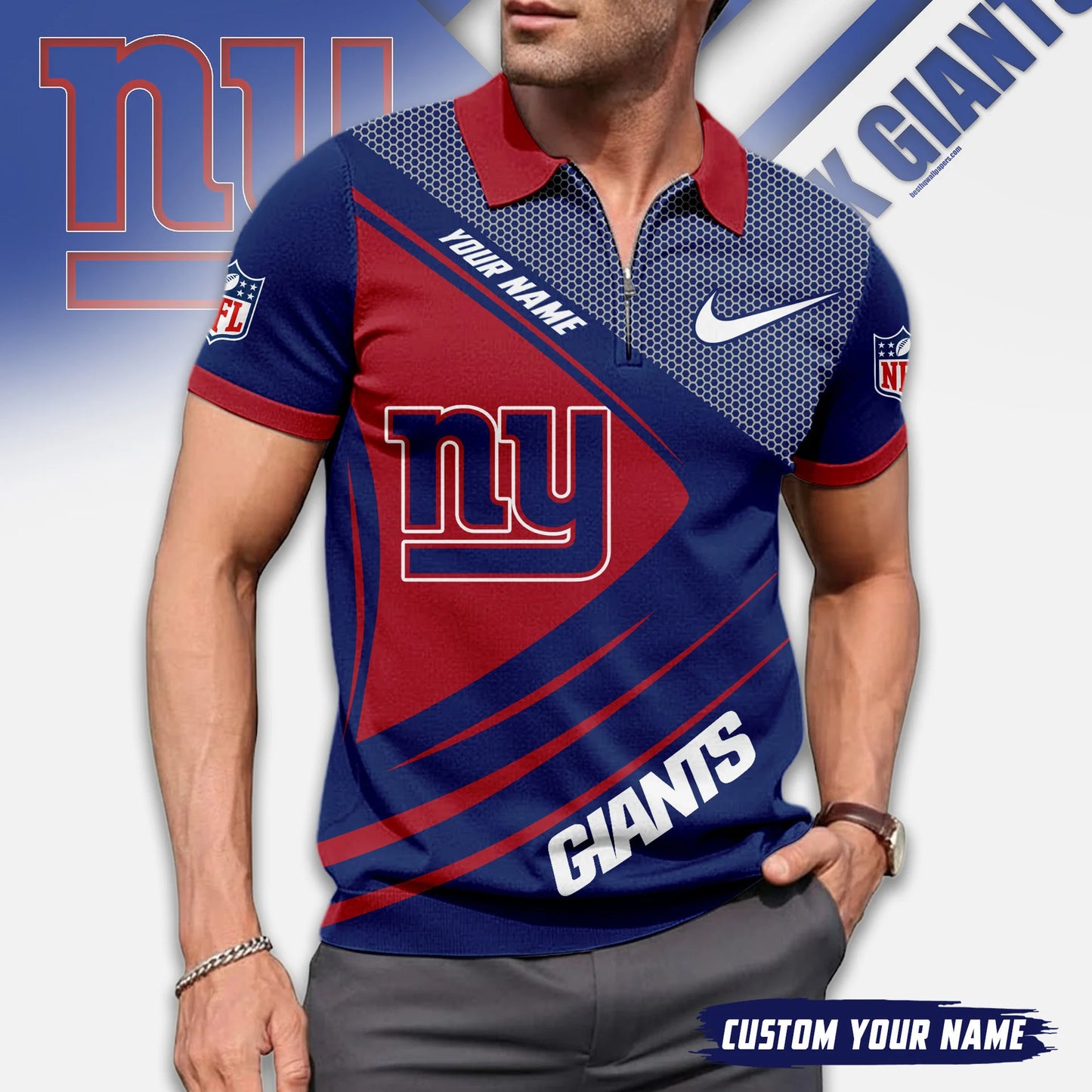 LIMITED EDITION - NEW CUSTOMIZED NFL32 NYG NEW YORK GIANTS ZIP POLO SHIRT