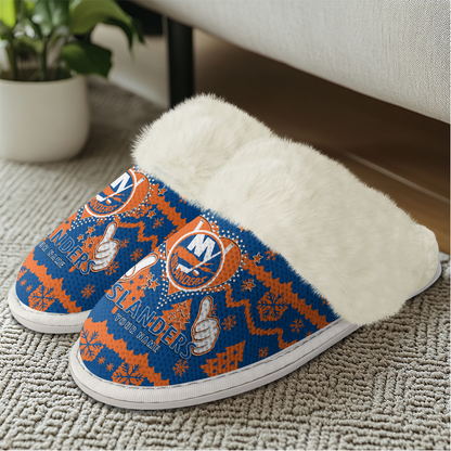 LIMITED EDITION - NEW CUSTOMIZED NHL25 NYI NEW YORK ISLANDERS FUR-LINED SLIPPERS