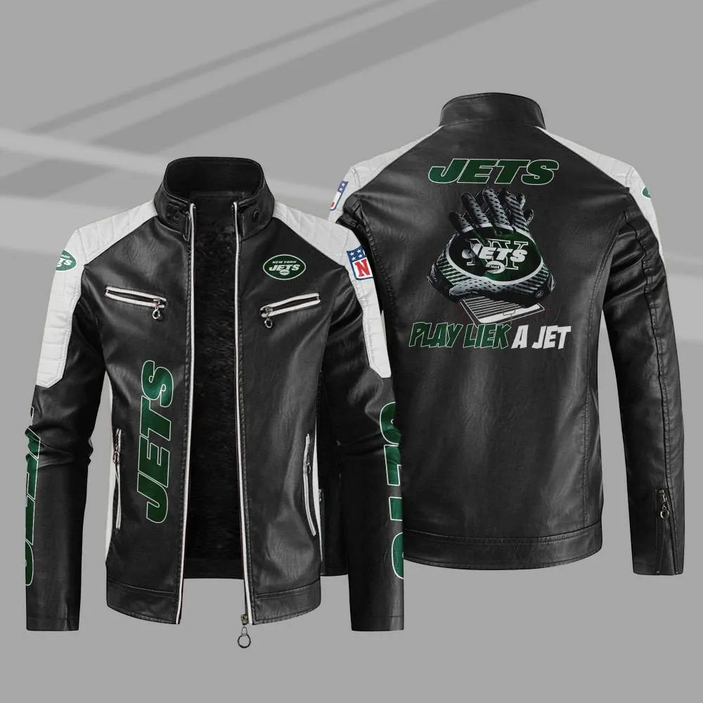 LIMITED EDITION - NEW CUSTOMIZED NFL25 NYJ NEW YORK JETS LEATHER BIKER JACKET