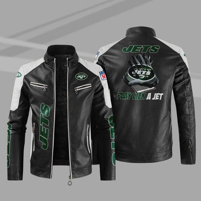 LIMITED EDITION - NEW CUSTOMIZED NFL25 NYJ NEW YORK JETS LEATHER BIKER JACKET