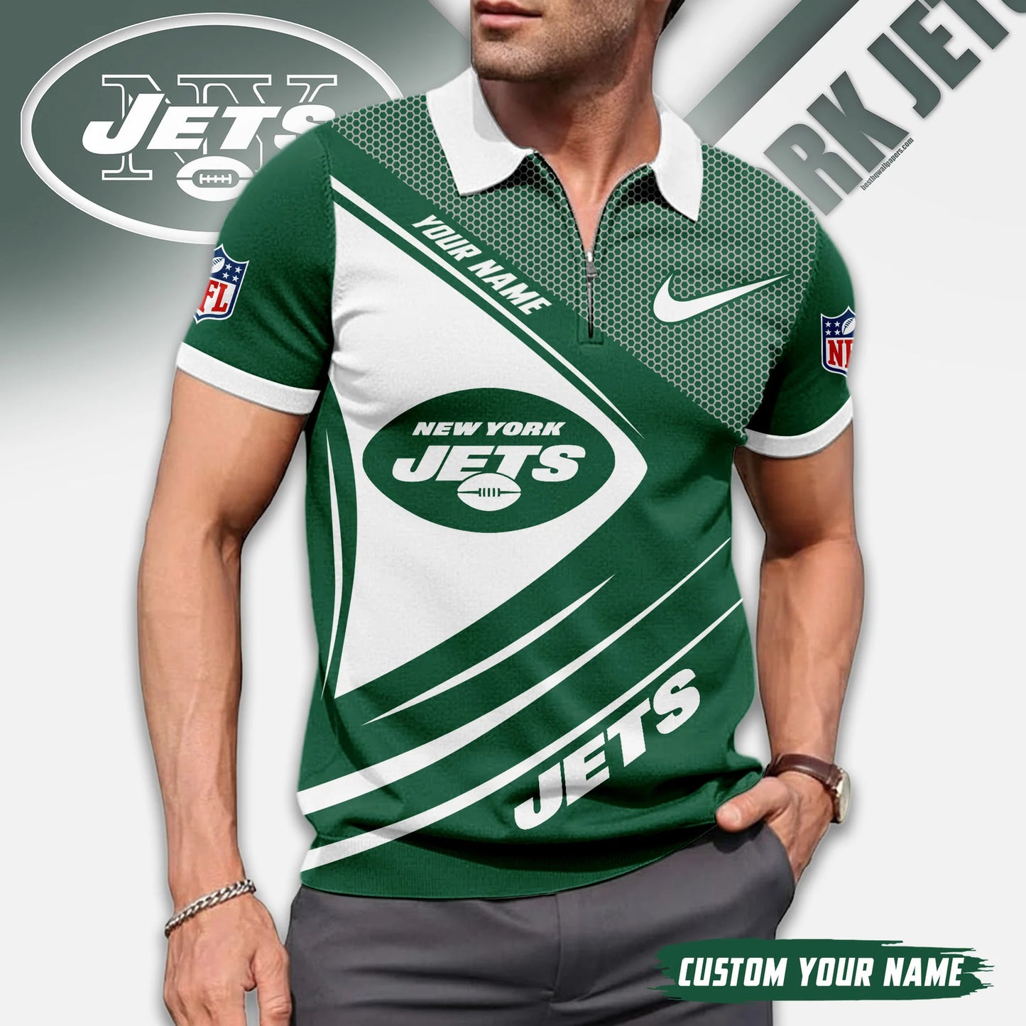 LIMITED EDITION - NEW CUSTOMIZED NFL25 NYJ NEW YORK JETS ZIP POLO SHIRT