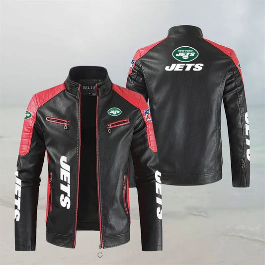 LIMITED EDITION - NEW CUSTOMIZED NFL25 NYJ NEW YORK JETS LEATHER BIKER JACKET
