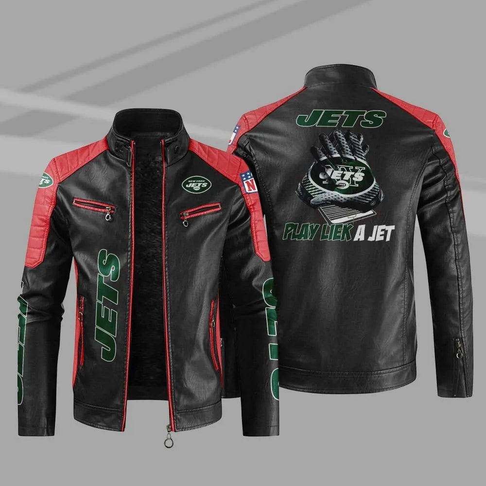 LIMITED EDITION - NEW CUSTOMIZED NFL25 NYJ NEW YORK JETS LEATHER BIKER JACKET
