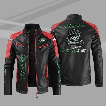 LIMITED EDITION - NEW CUSTOMIZED NFL25 NYJ NEW YORK JETS LEATHER BIKER JACKET
