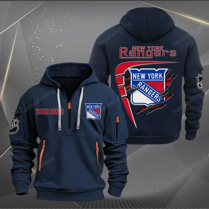 LIMITED EDITION - NEW CUSTOMIZED NHL24 NYR NEW YORK RANGERS QUARTER ZIP HOODIE