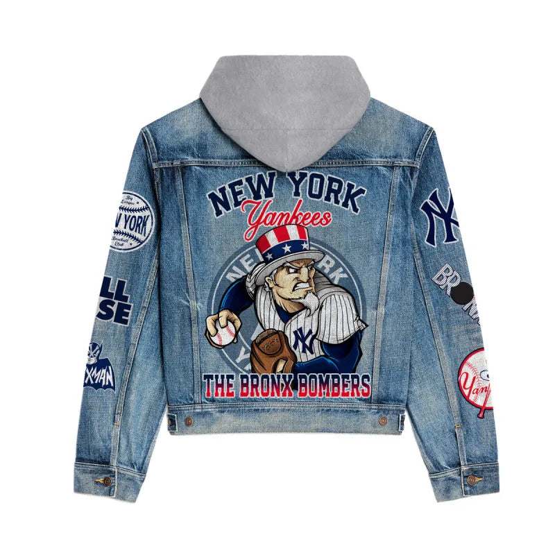 LIMITED EDITION - NEW CUSTOMIZED MLB01 NYY NEW YORK YANKEES HOODED DENIM JACKET