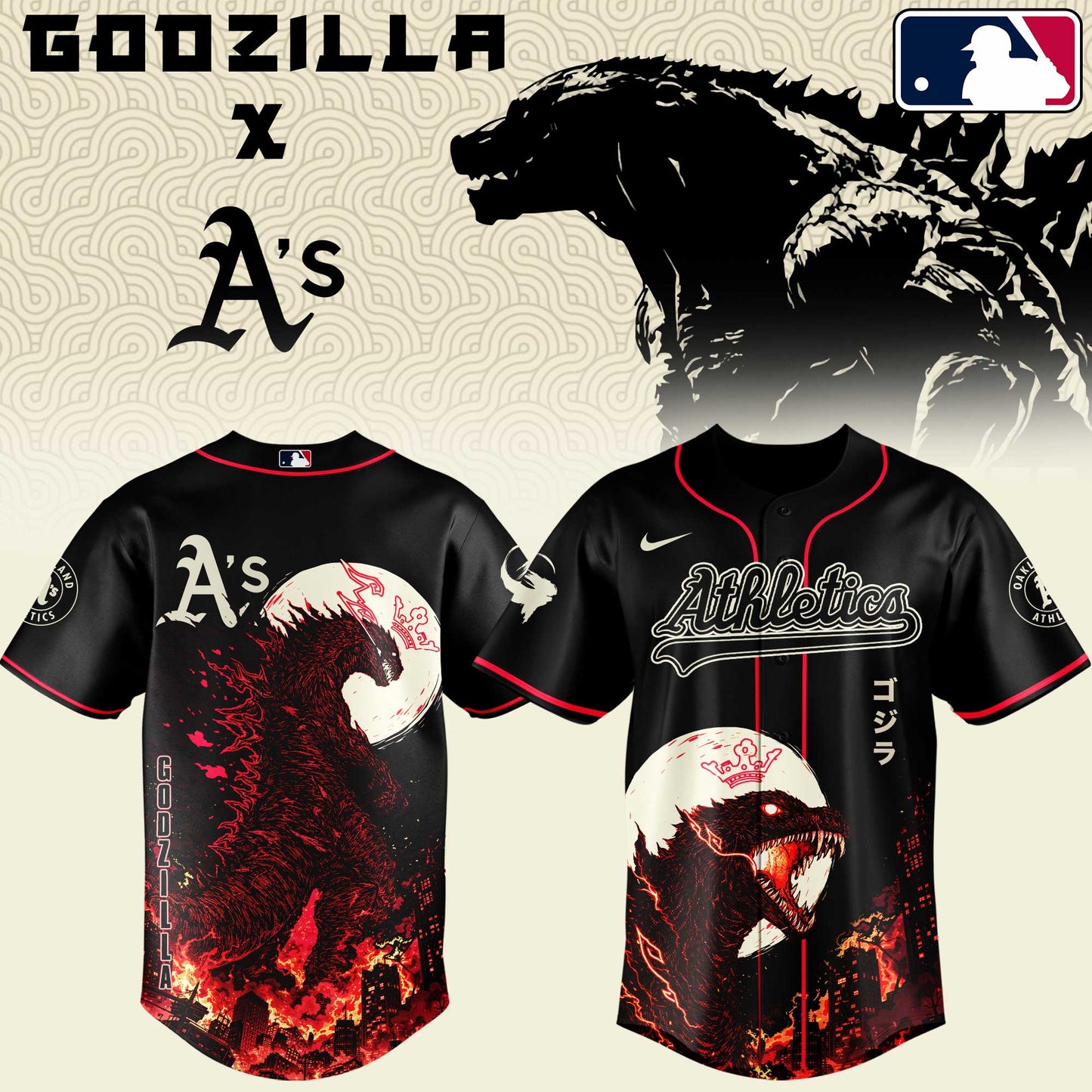 LIMITED EDITION - NEW CUSTOMIZED MLB23 OAS OAKLAND ATHLETICS x GODZILLA BASEBALL JERSEY & CAP