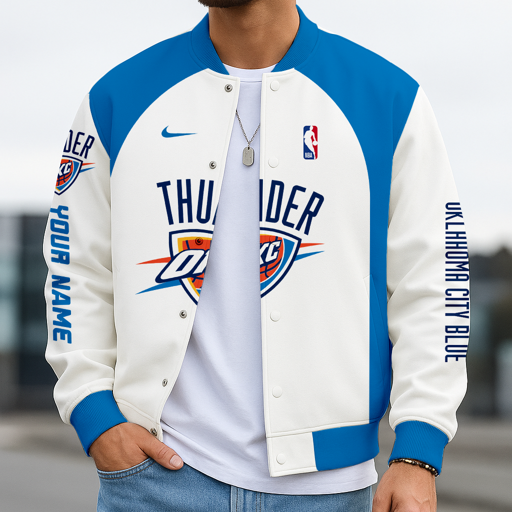 LIMITED EDITION - NEW CUSTOMIZED NBA01 OC OKLAHOMA CITY THUNDER BASEBALL JACKET, SATIN VARSITY JACKET