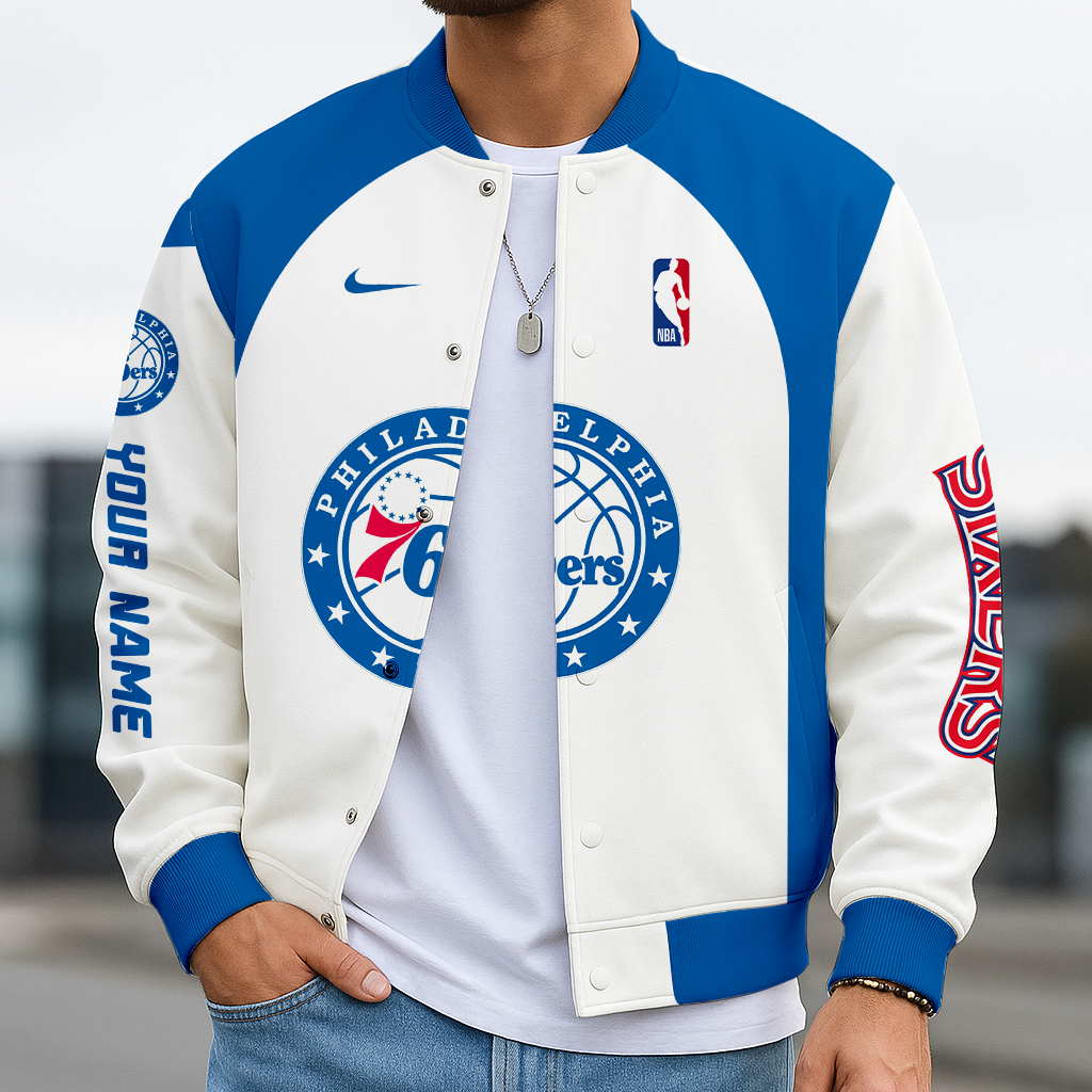 LIMITED EDITION - NEW CUSTOMIZED NBA26 P76 PHILADELPHIA 76ERS BASEBALL JACKET, SATIN VARSITY JACKET
